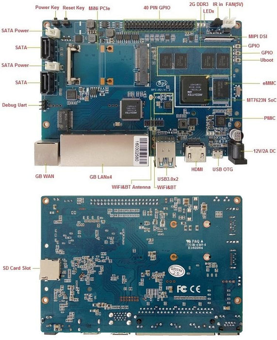 Banana Pi BPI-R2 Routerkort med 2 GB RAM 8 GB eMMC Quad Core MT7623N